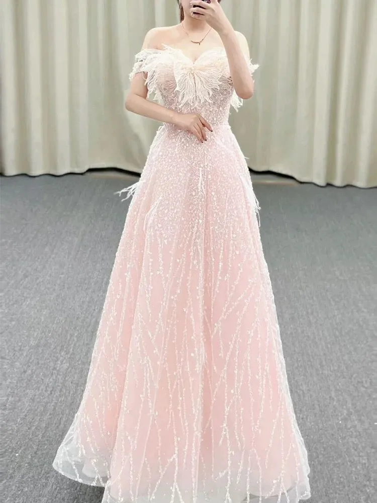 JazzHer Gorgeous A Line Off The Shoulder Sequin Pink Long Evening Dress Prom Dresses Birthday Outfits (PRE-ORDER)