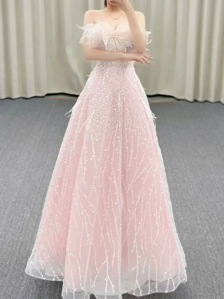 JazzHer Gorgeous A Line Off The Shoulder Sequin Pink Long Evening Dress Prom Dresses Birthday Outfits (PRE-ORDER)