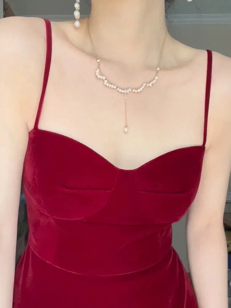JazzHer Gorgeous A line Spaghetti Straps Burgundy Velvet Evening Dress Prom Dresses Birthday Outfits (PRE-ORDER)