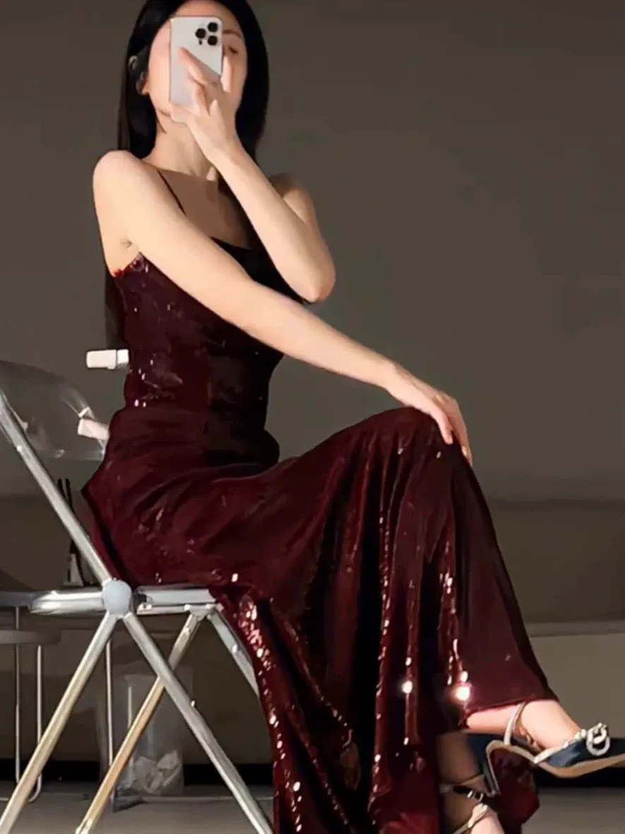 JazzHer Gorgeous Mermaid Spaghetti Straps Burgundy Sequin Evening Dress Prom Dresses Birthday Outfits (PRE-ORDER)