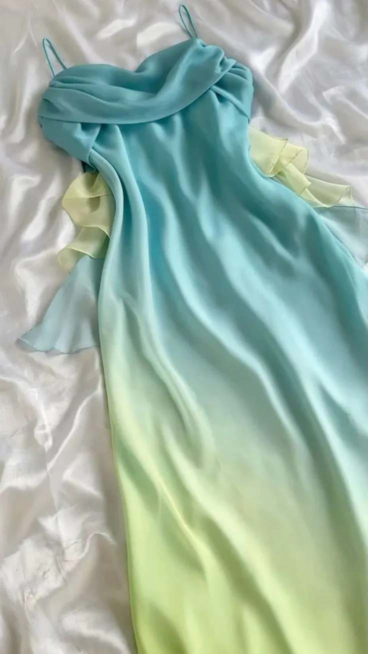 JazzHer Gorgeous Sheath Spaghetti Straps Ombre Blue Long Chiffon Prom Dresses Evening Dress (PRE-ORDER)