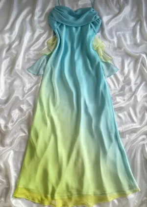 JazzHer Gorgeous Sheath Spaghetti Straps Ombre Blue Long Chiffon Prom Dresses Evening Dress (PRE-ORDER)