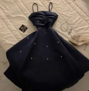 JazzHer Modest A Line Spaghetti Straps Sleeveless Black Satin Ruffles Long Prom Dresses Evening Dress (PRE-ORDER)
