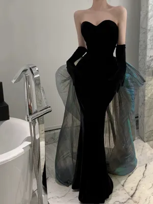JazzHer Modest Mermaid Strapless Black Sleeveless Prom Dress Formal Evening Dresses With Gloves (PRE-ORDER)