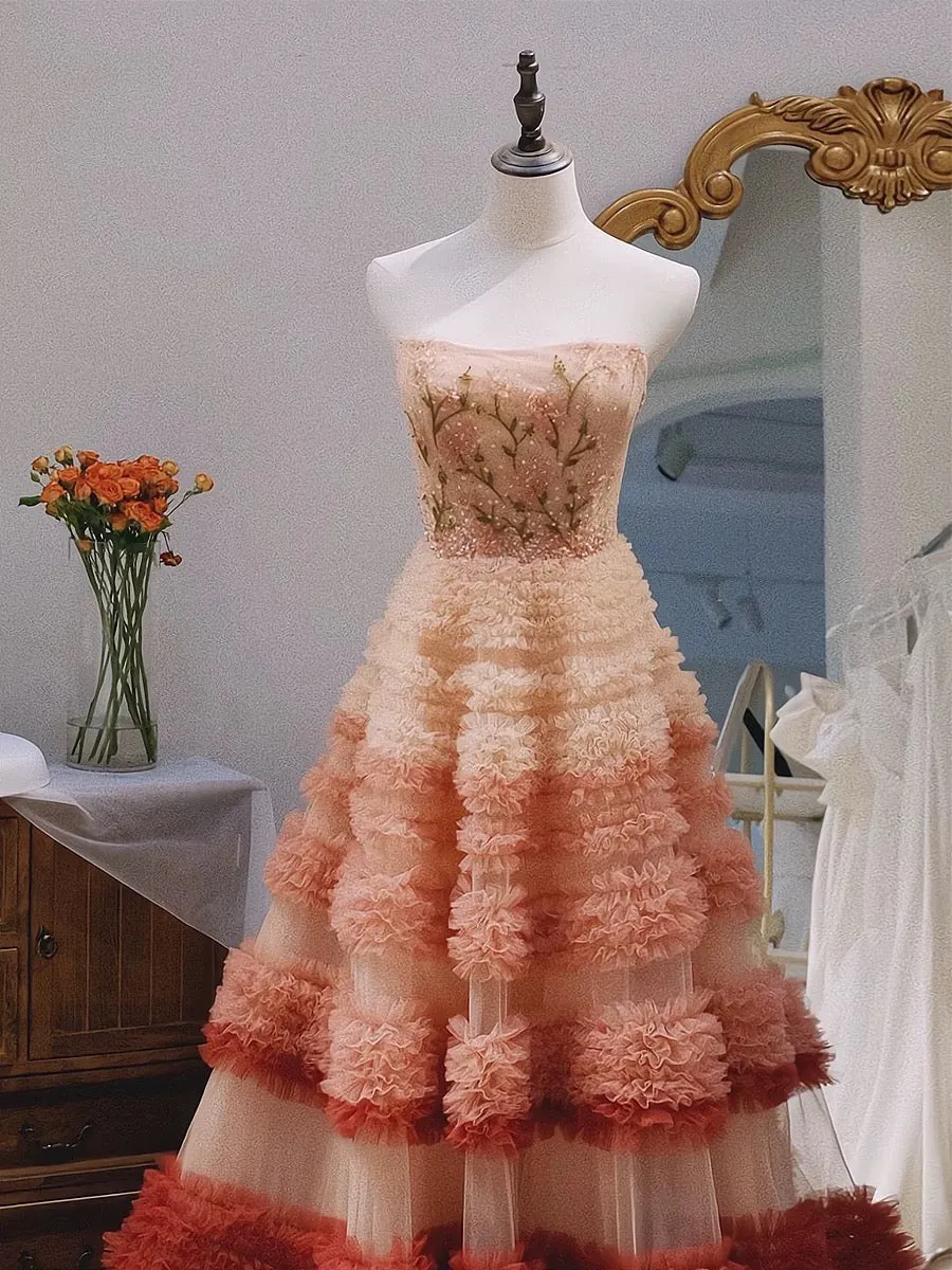 JazzHer Pretty Ball Gown Strapless Tulle Layers Long Pink Ruffles Prom Dresses Sweet  Dresses (PRE-ORDER)