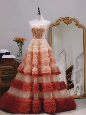 JazzHer Pretty Ball Gown Strapless Tulle Layers Long Pink Ruffles Prom Dresses Sweet  Dresses (PRE-ORDER)