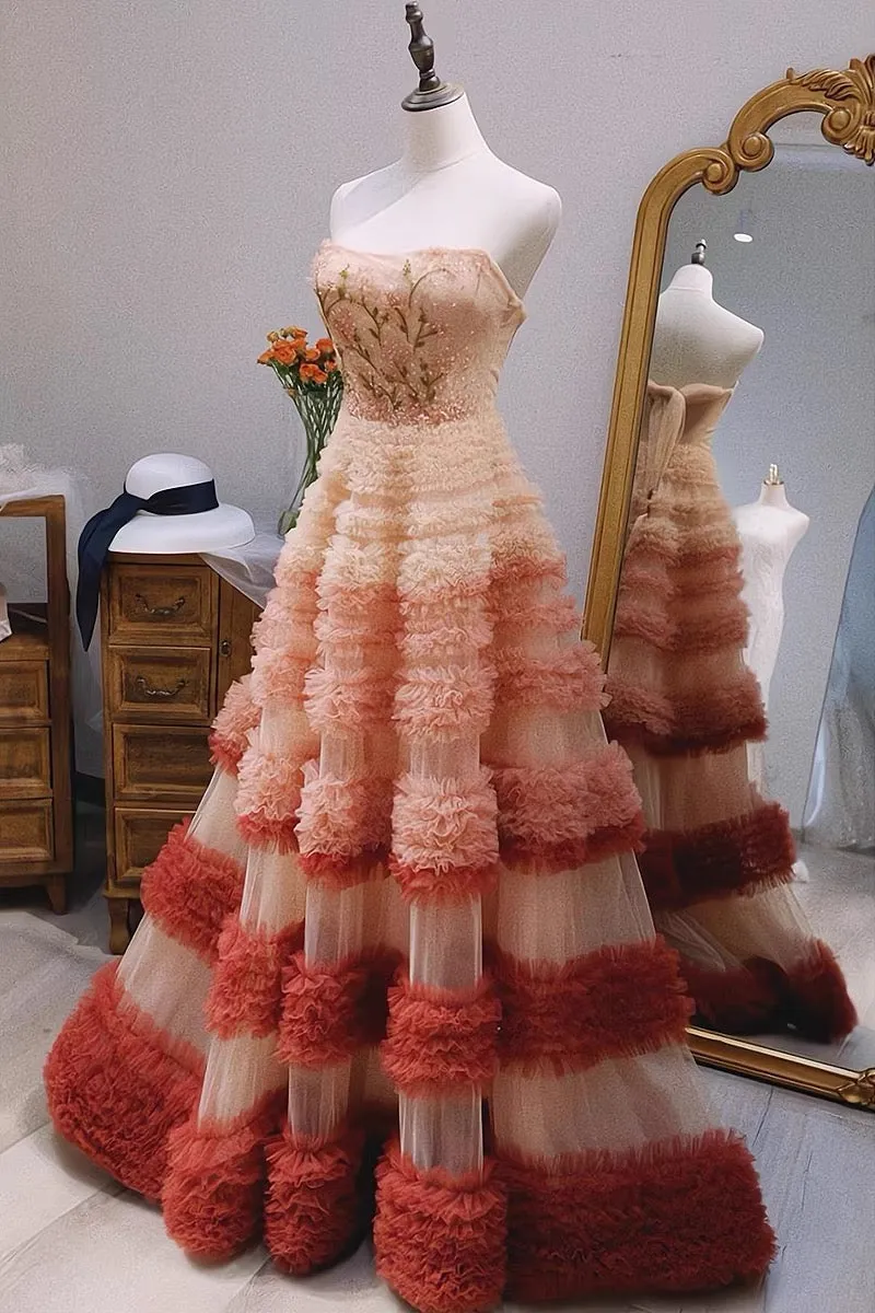 JazzHer Pretty Ball Gown Strapless Tulle Layers Long Pink Ruffles Prom Dresses Sweet  Dresses (PRE-ORDER)