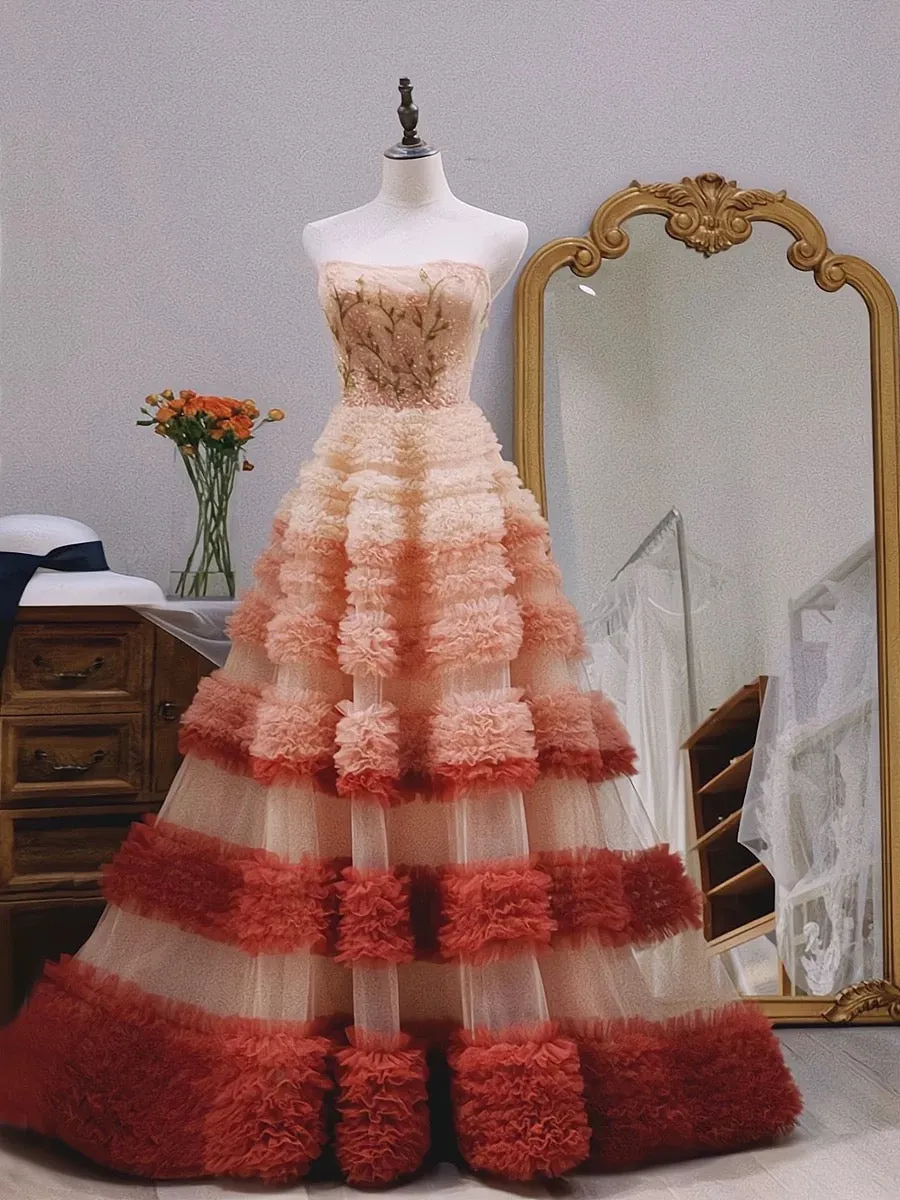 JazzHer Pretty Ball Gown Strapless Tulle Layers Long Pink Ruffles Prom Dresses Sweet  Dresses (PRE-ORDER)