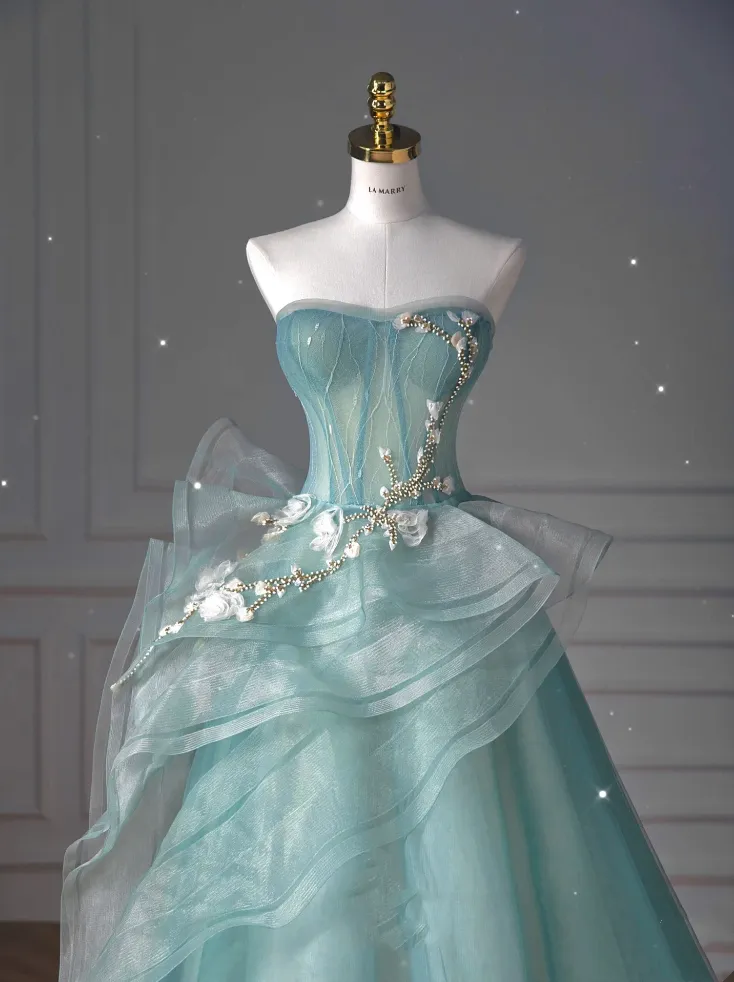 JazzHer Pretty Ball Gown Sweetheart Tulle Green Long Evening Dress Prom Dresses With Ruffles (PRE-ORDER)