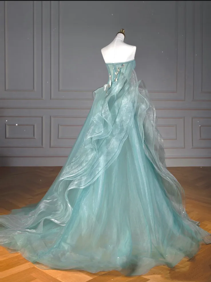 JazzHer Pretty Ball Gown Sweetheart Tulle Green Long Evening Dress Prom Dresses With Ruffles (PRE-ORDER)