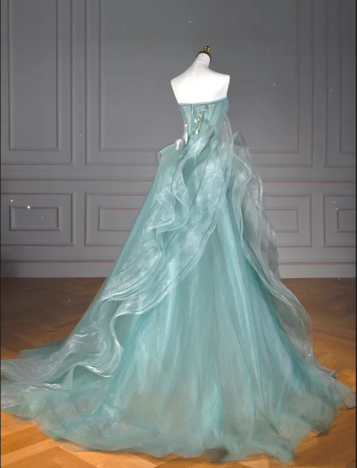 JazzHer Pretty Ball Gown Sweetheart Tulle Green Long Evening Dress Prom Dresses With Ruffles (PRE-ORDER)
