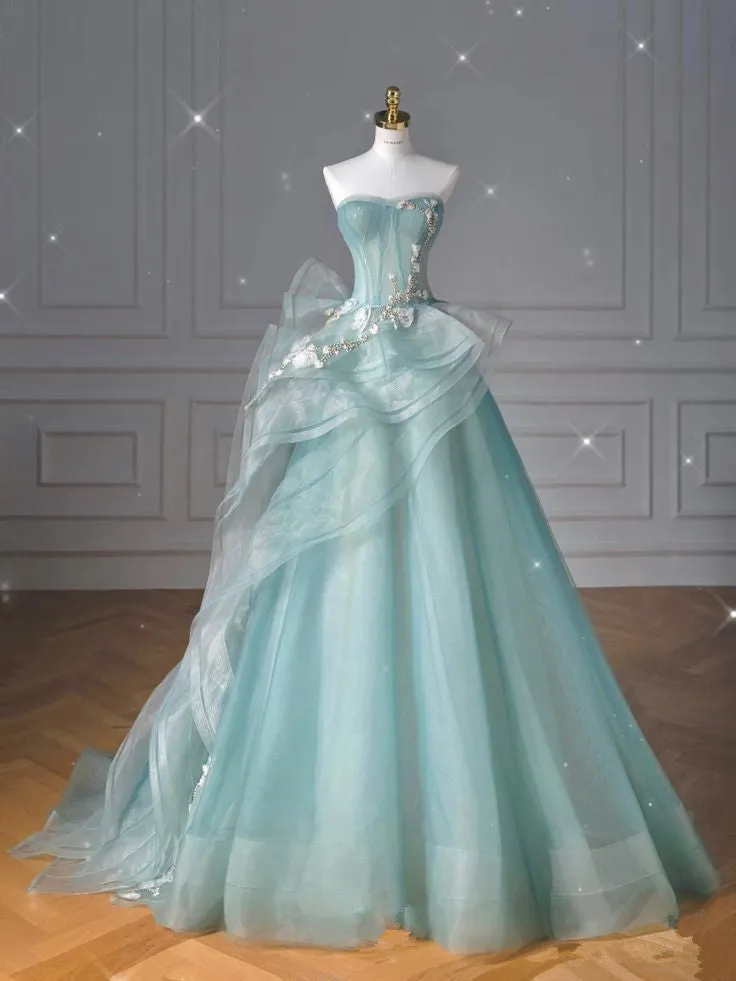 JazzHer Pretty Ball Gown Sweetheart Tulle Green Long Evening Dress Prom Dresses With Ruffles (PRE-ORDER)