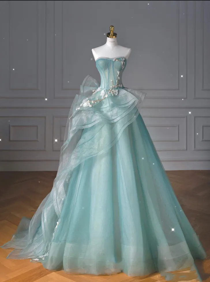 JazzHer Pretty Ball Gown Sweetheart Tulle Green Long Evening Dress Prom Dresses With Ruffles (PRE-ORDER)