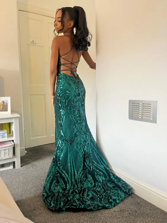 JazzHer Pretty Mermaid Halter Green Sequin Long Prom Dresses Evening Dress (PRE-ORDER)