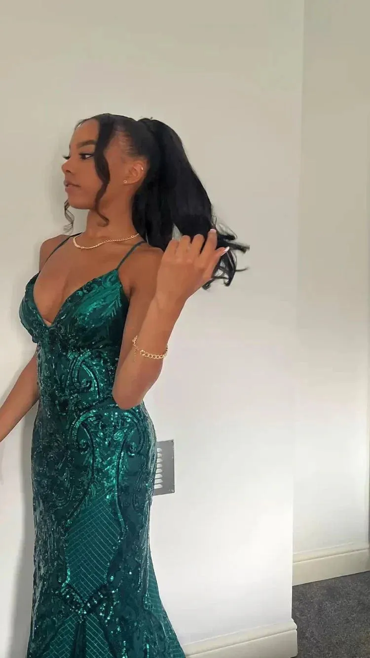 JazzHer Pretty Mermaid Halter Green Sequin Long Prom Dresses Evening Dress (PRE-ORDER)