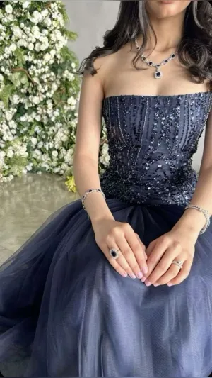 JazzHer Sexy Mermaid Strapless Navy Blue Evening Dress Long Prom Dresses Party Dress With Beads (PRE-ORDER)