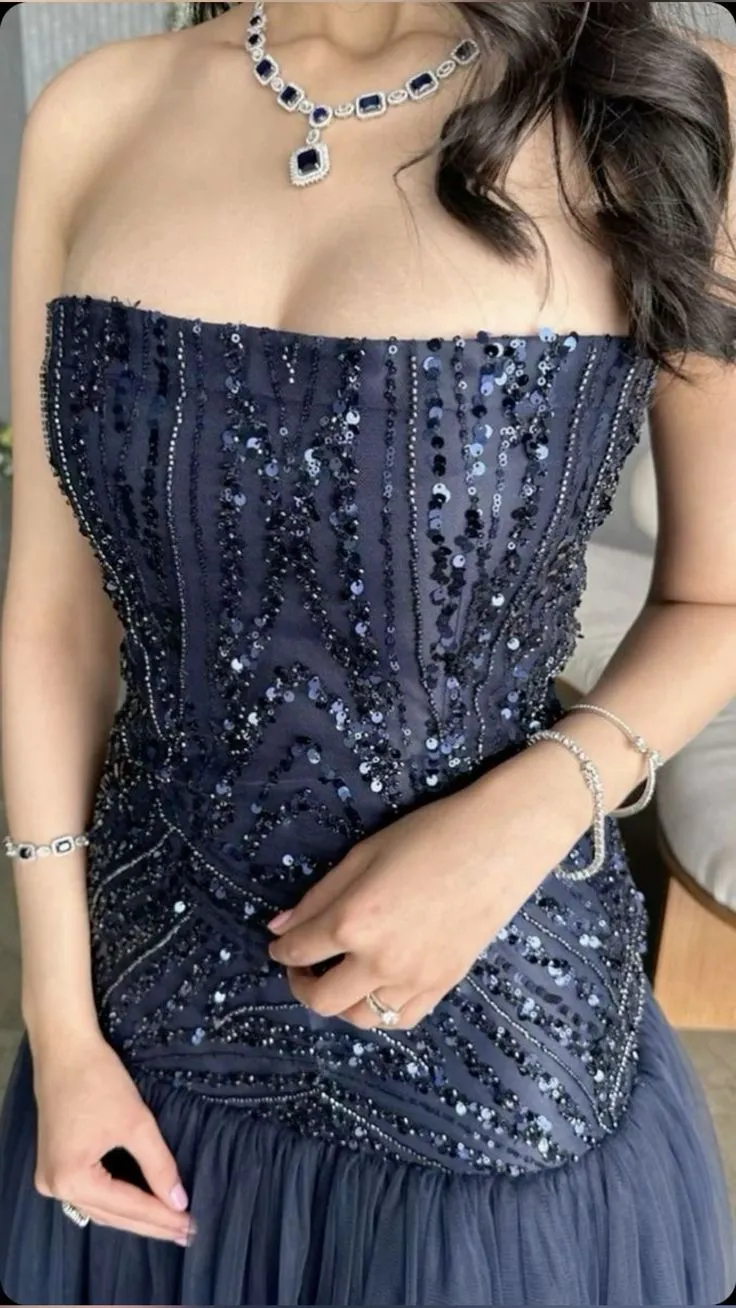 JazzHer Sexy Mermaid Strapless Navy Blue Evening Dress Long Prom Dresses Party Dress With Beads (PRE-ORDER)