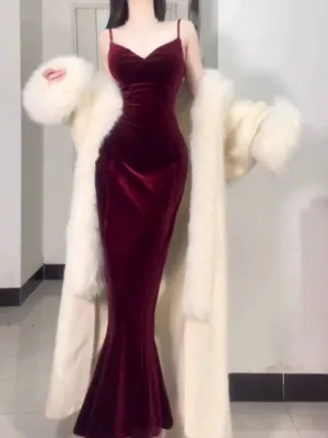 JazzHer Sexy Mermaid Straps Burgundy Long Evening Dress Prom Dresses Birthday Outfits (PRE-ORDER)