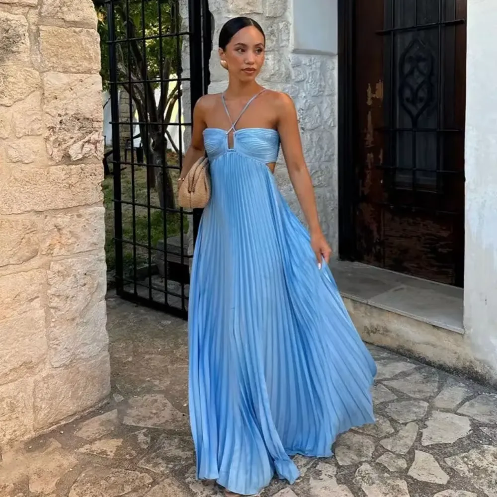 JazzHer Simple A line Halter Blue Sleeveless Long Prom Dress Formal Evening Dresses BD  (PRE-ORDER)