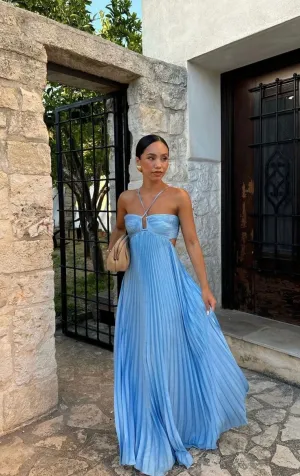 JazzHer Simple A line Halter Blue Sleeveless Long Prom Dress Formal Evening Dresses BD  (PRE-ORDER)