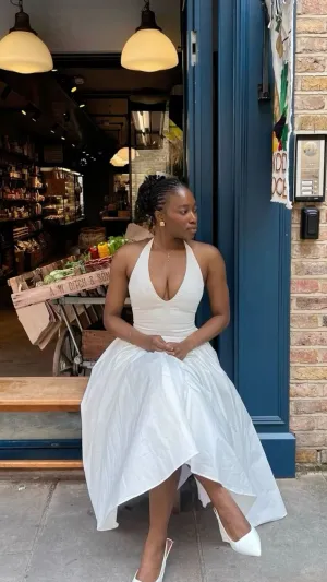JazzHer Simple A line Halter White Sleeveless Satin Prom Dress Formal Evening Dresses BD  (PRE-ORDER)