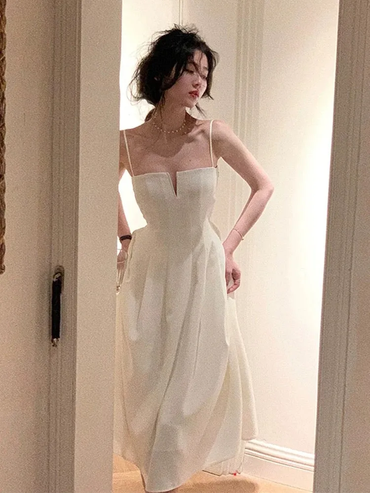 JazzHer Simple A line Spaghetti Straps White Sleeveless Chiffon Prom Dresses Birthday Party Dress (PRE-ORDER)