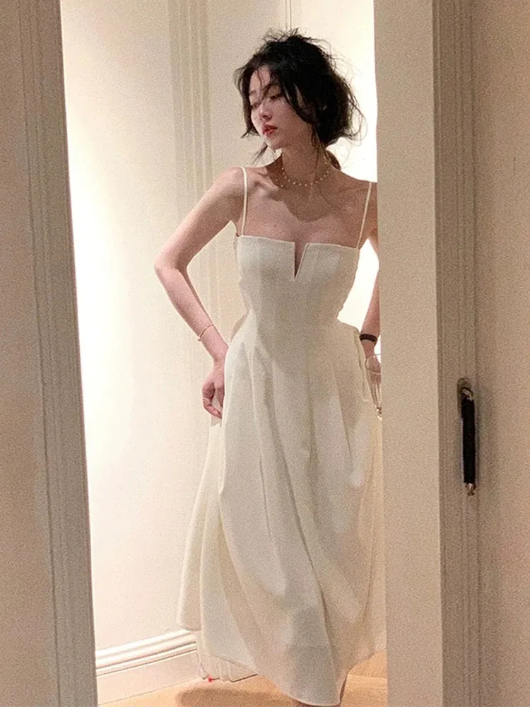 JazzHer Simple A line Spaghetti Straps White Sleeveless Chiffon Prom Dresses Birthday Party Dress (PRE-ORDER)
