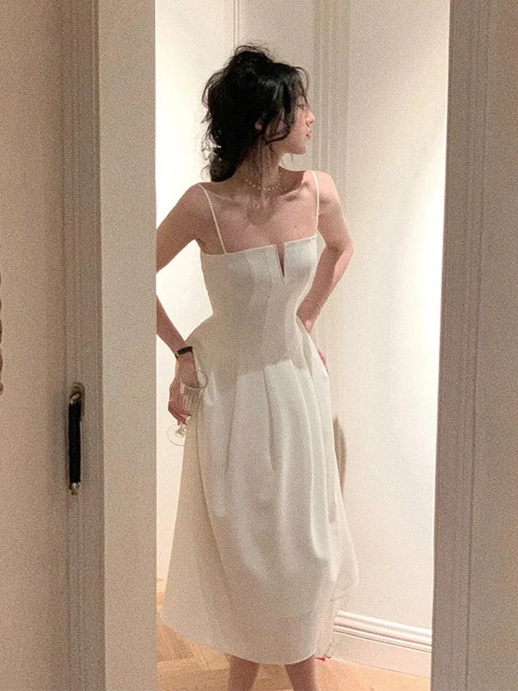 JazzHer Simple A line Spaghetti Straps White Sleeveless Chiffon Prom Dresses Birthday Party Dress (PRE-ORDER)