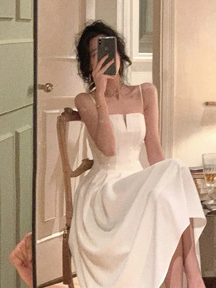 JazzHer Simple A line Spaghetti Straps White Sleeveless Chiffon Prom Dresses Birthday Party Dress (PRE-ORDER)