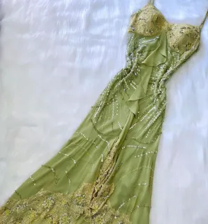 JazzHer Vintage A Line Spaghetti Straps Green Long Lace Evening Dress Prom Dresses Birthday Outfits BD  (PRE-ORDER)