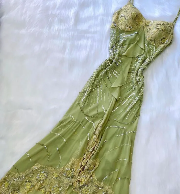 JazzHer Vintage A Line Spaghetti Straps Green Long Lace Evening Dress Prom Dresses Birthday Outfits BD  (PRE-ORDER)