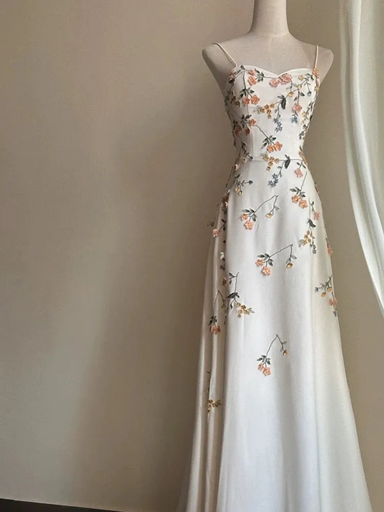 JazzHer Vintage A Line Spaghetti Straps Long White Prom Dresses Evening Dress With Appliques (PRE-ORDER)