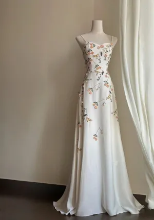 JazzHer Vintage A Line Spaghetti Straps Long White Prom Dresses Evening Dress With Appliques (PRE-ORDER)