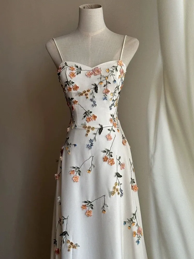 JazzHer Vintage A Line Spaghetti Straps Long White Prom Dresses Evening Dress With Appliques (PRE-ORDER)