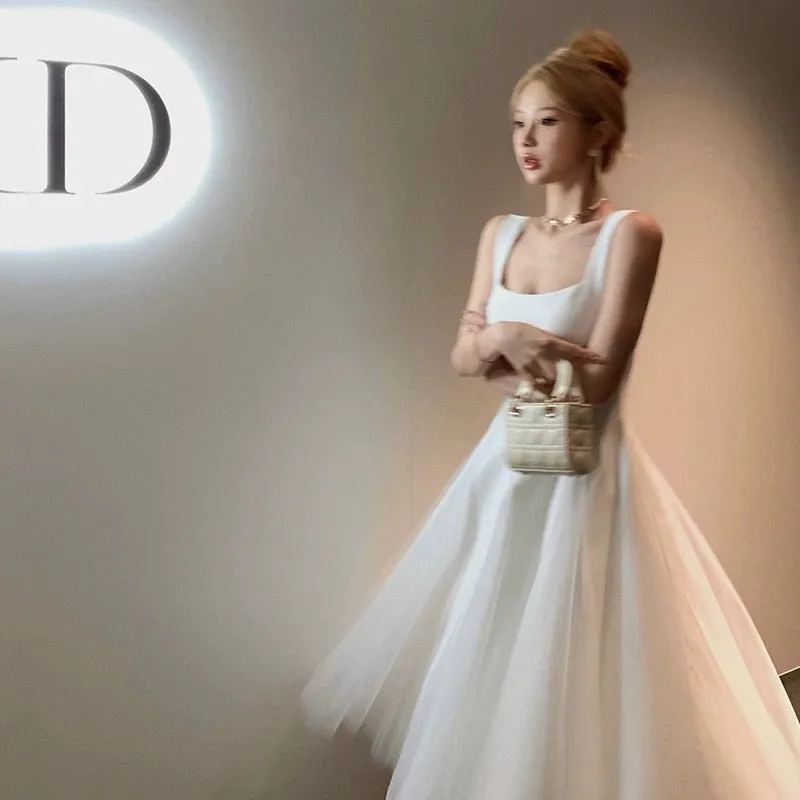 JazzHer Vintage A Line Straps Tulle White Sleeveless Prom Dresses Birthday Party Dress (PRE-ORDER)