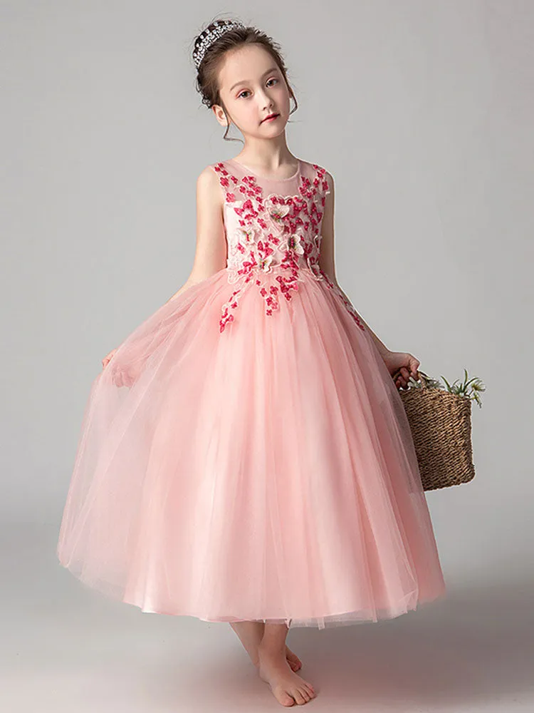 Jewel Neck Tulle Sleeveless Ankle Length Princess Flowers Kids Party Dresses