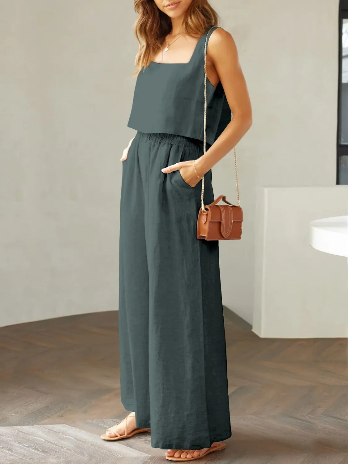 Keagan Square Neck Top and Wide Leg Pants Set