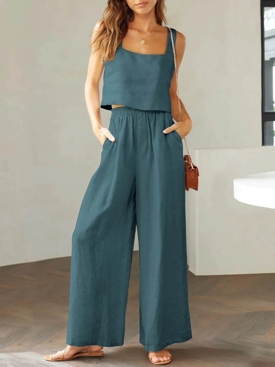 Keagan Square Neck Top and Wide Leg Pants Set