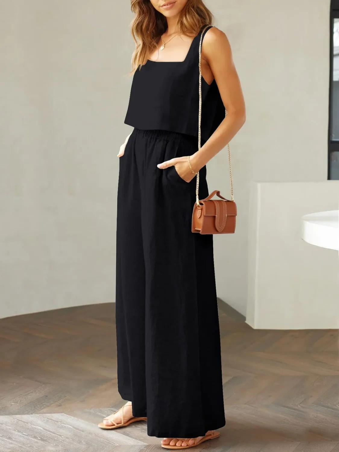 Keagan Square Neck Top and Wide Leg Pants Set