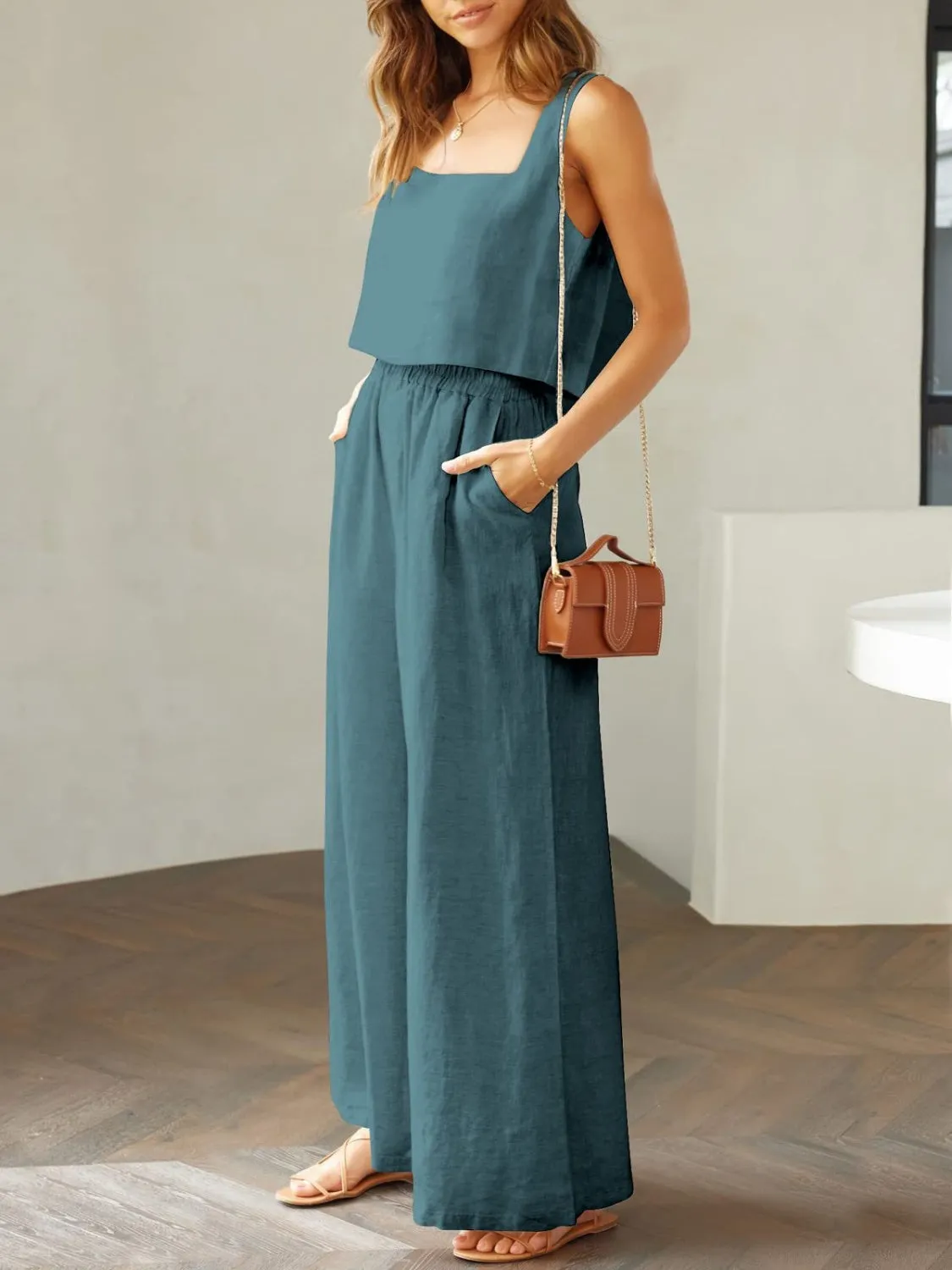 Keagan Square Neck Top and Wide Leg Pants Set