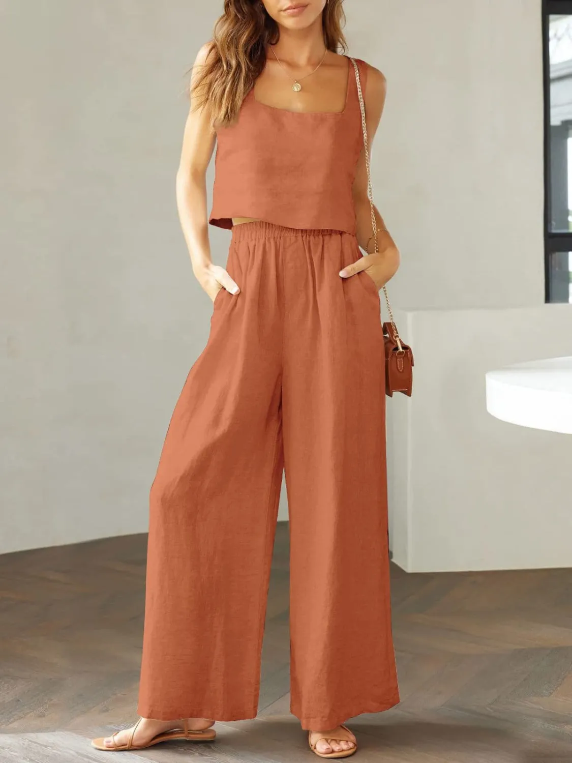 Keagan Square Neck Top and Wide Leg Pants Set