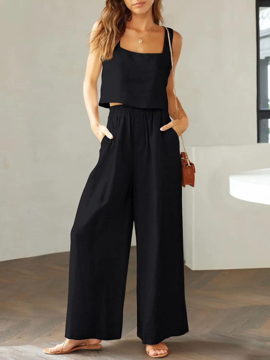 Keagan Square Neck Top and Wide Leg Pants Set
