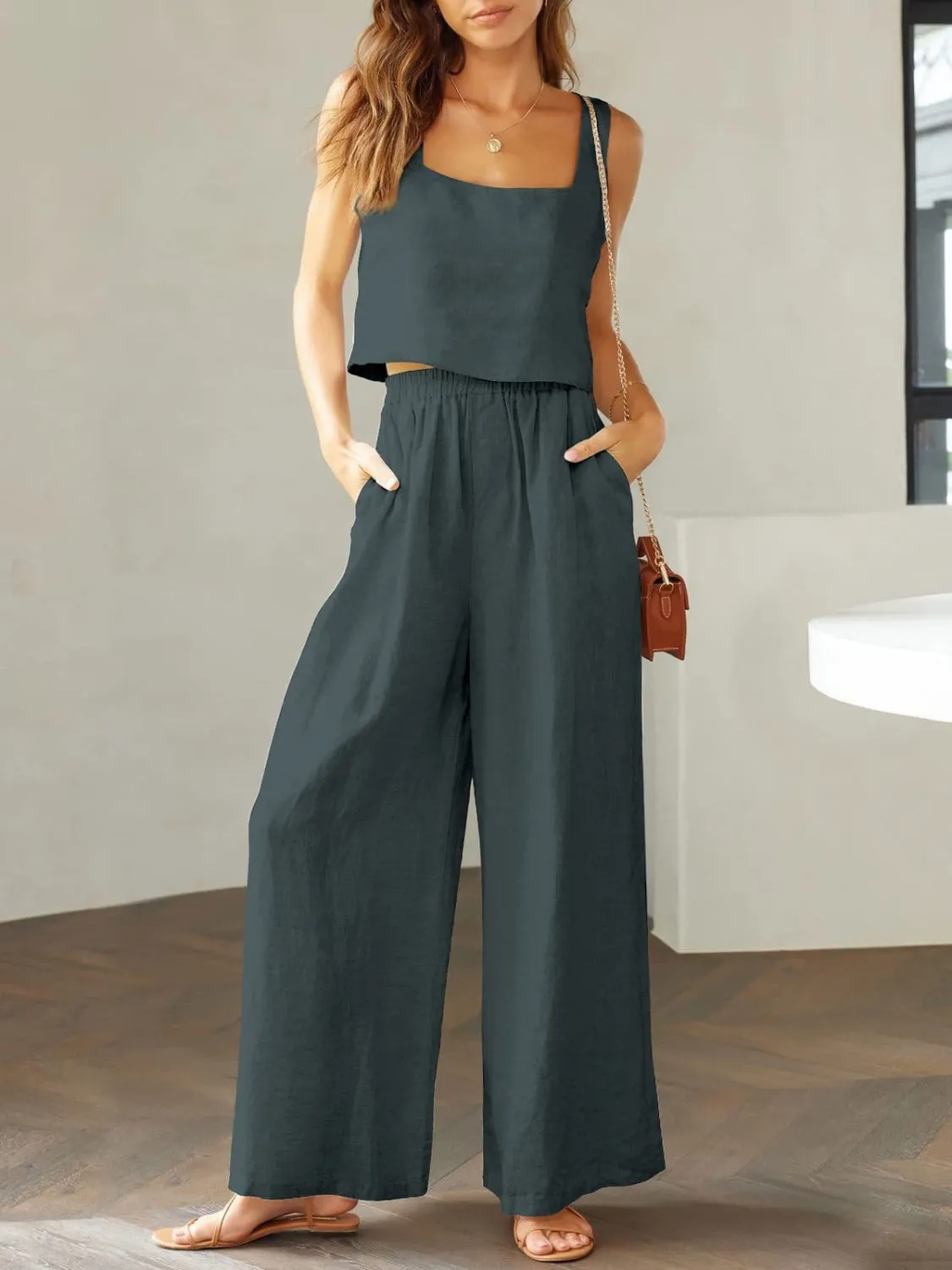 Keagan Square Neck Top and Wide Leg Pants Set