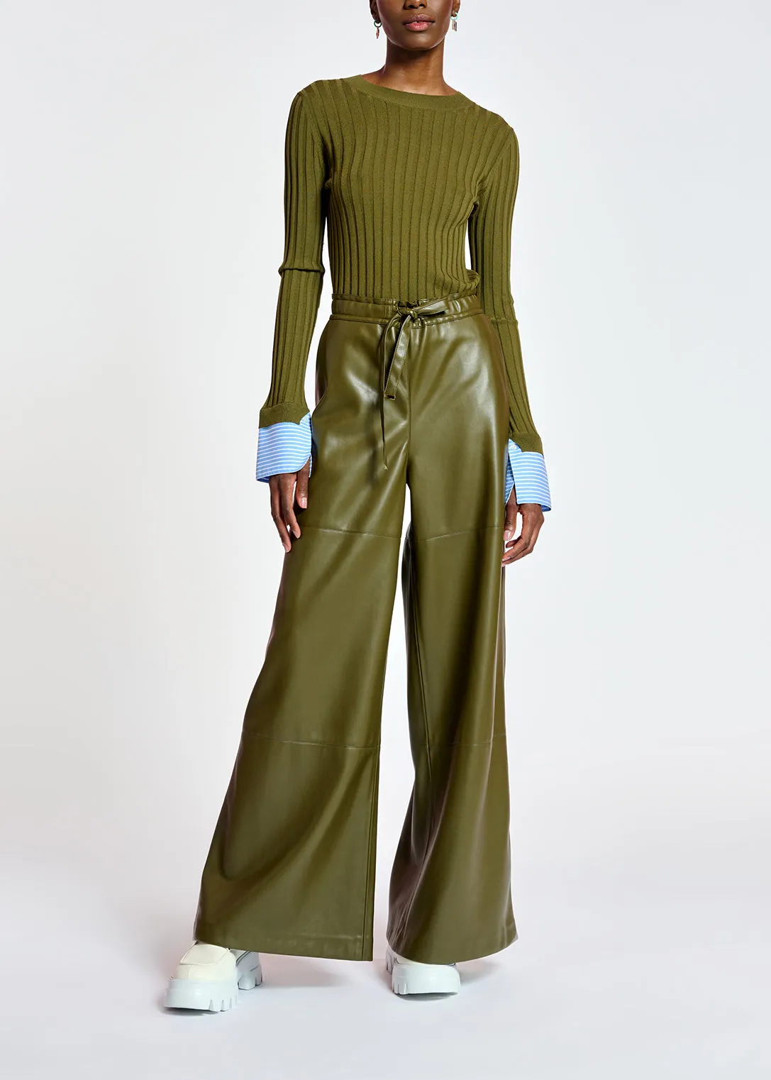Khaki faux leather wide-leg pants
