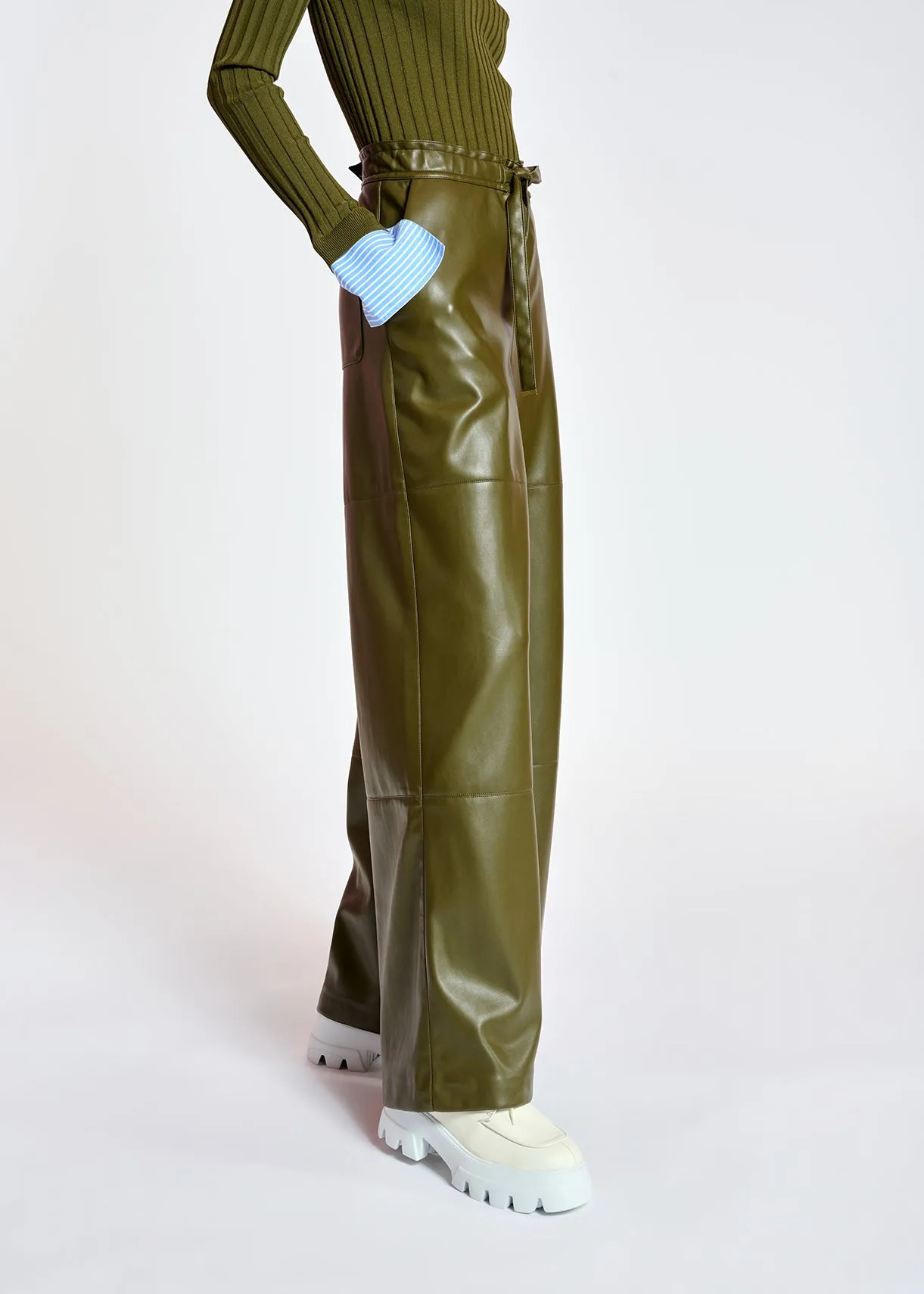 Khaki faux leather wide-leg pants