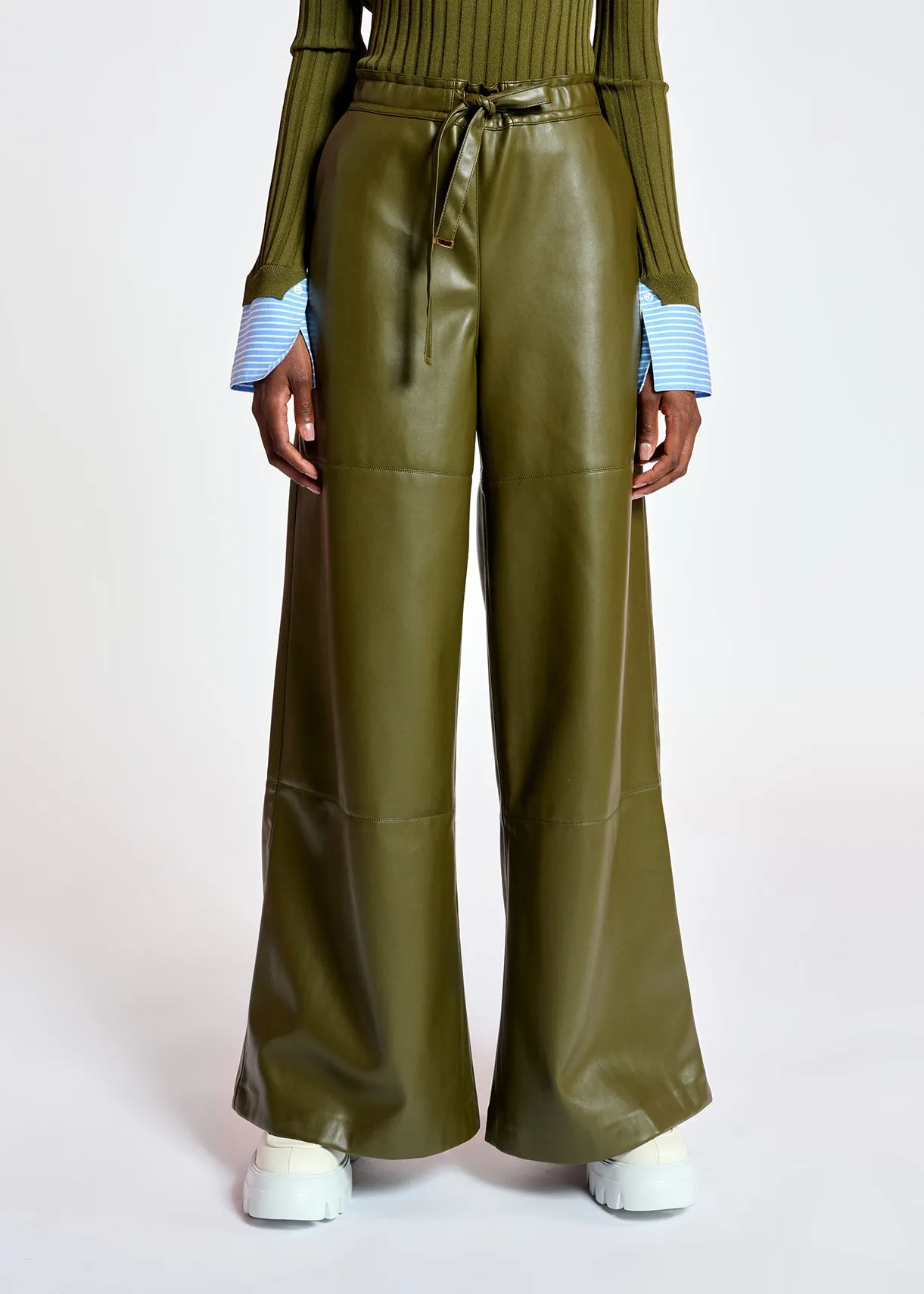 Khaki faux leather wide-leg pants