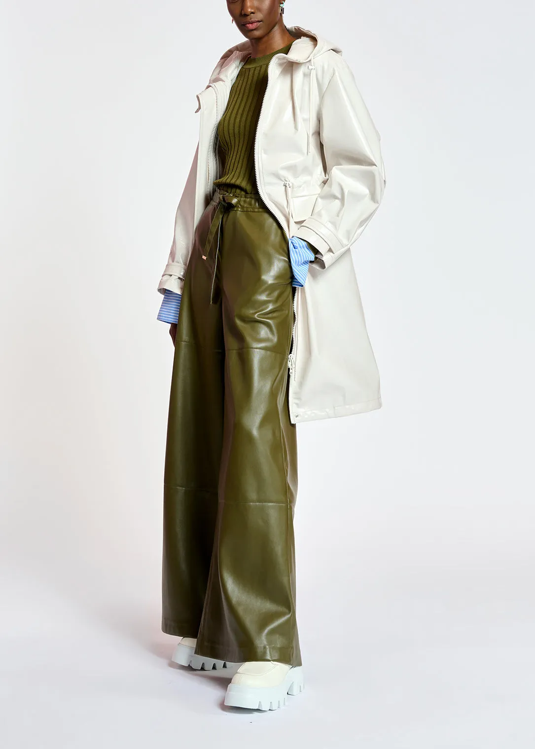 Khaki faux leather wide-leg pants