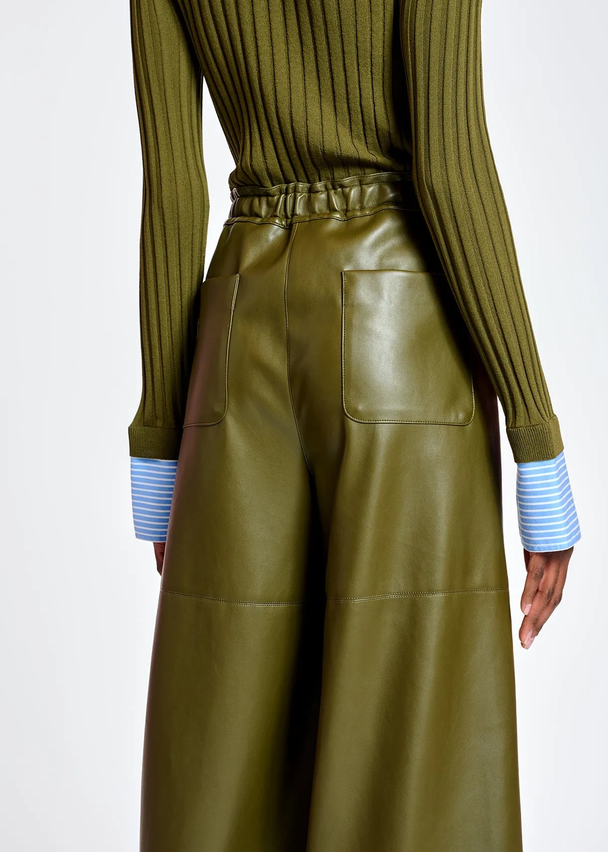 Khaki faux leather wide-leg pants
