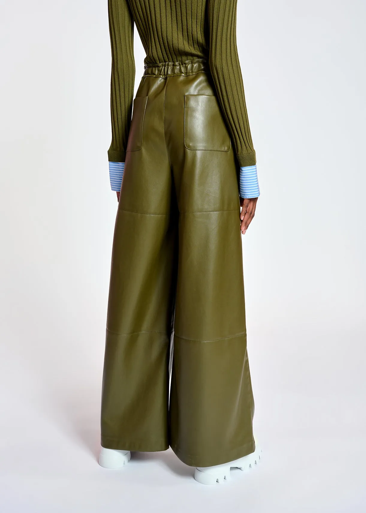 Khaki faux leather wide-leg pants