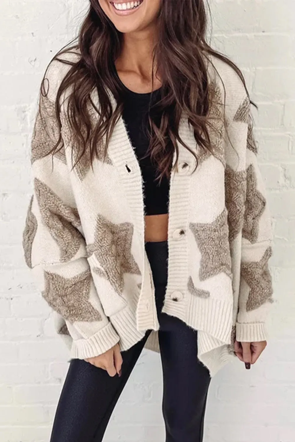 Khaki Sherpa Star Pattern Textured Sweater Cardigan with Pockets